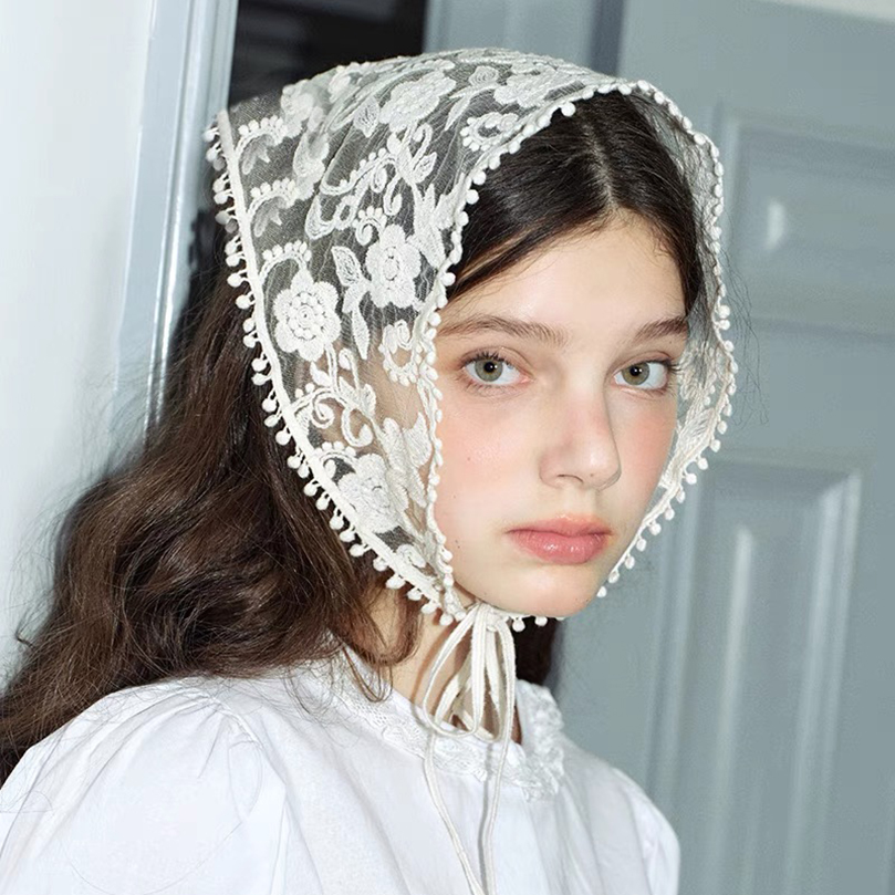 Travel Accessories For Elderly - White Woven Floral Lace Hair Scarf