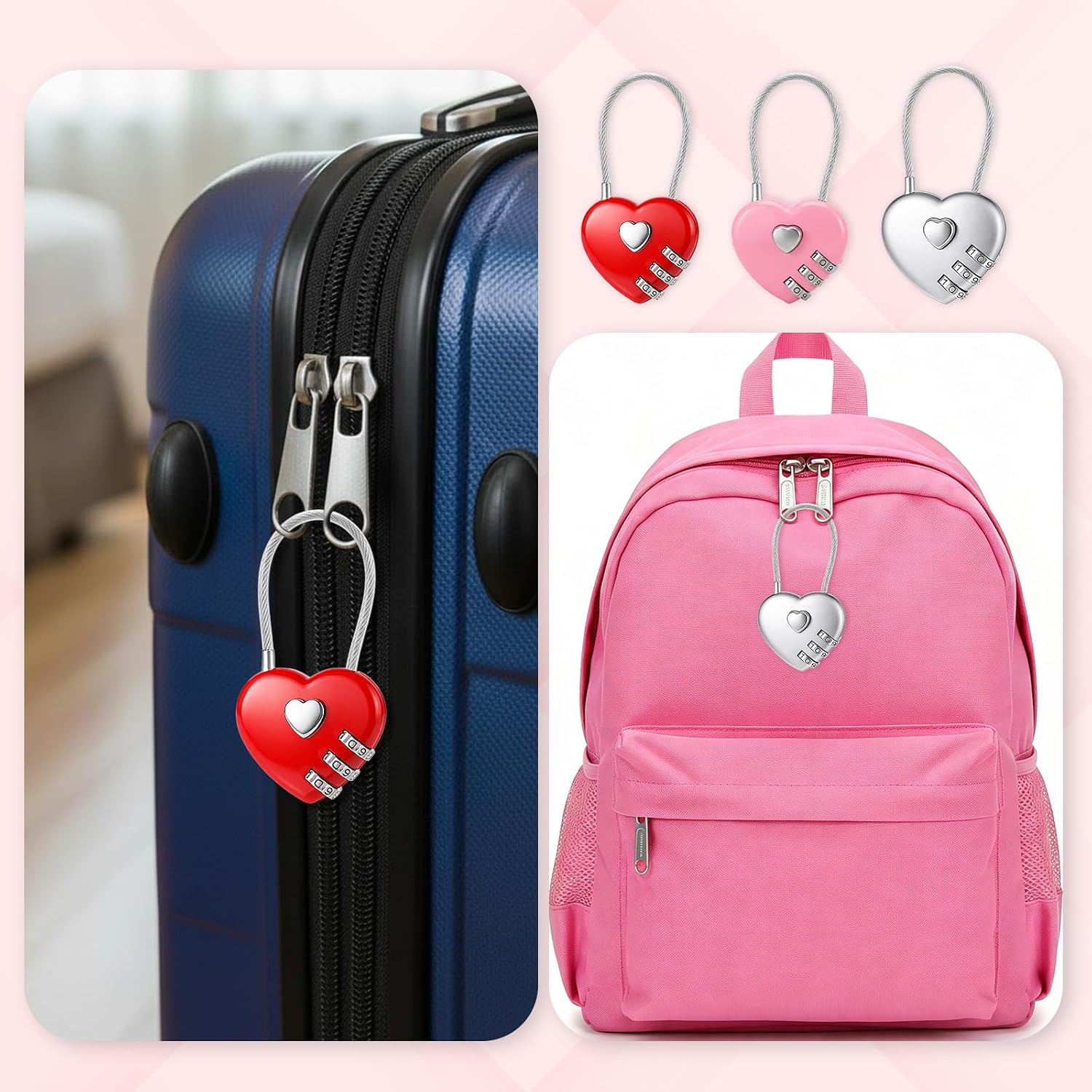 Travel Accessories Cute - Pink Heart-Shaped 3-Digit Combination Cable Lock