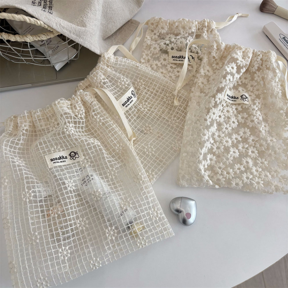 Travel Accessories In Bulk - Lace Embroidered Daisy Mesh Drawstring Makeup